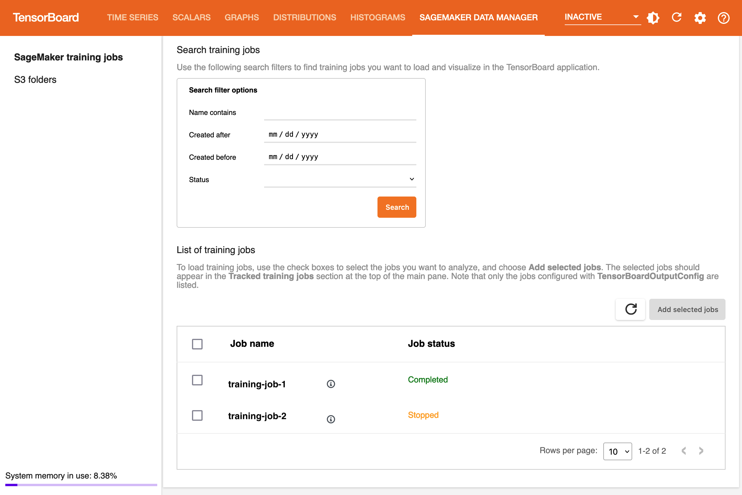 TensorBoard 應用程式中 SageMaker 資料管理員索引標籤的螢幕擷取畫面