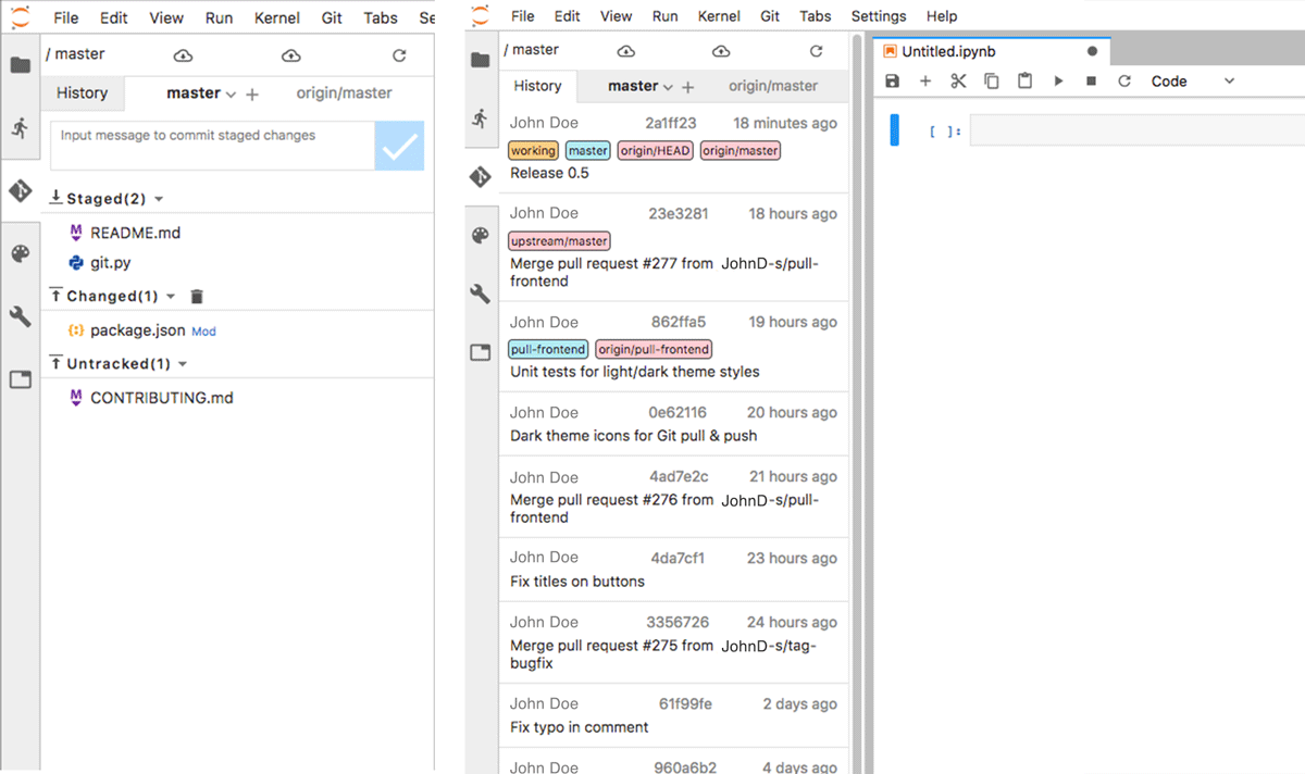 JupyterLab 中的 jupyter-git 延伸模組範例。