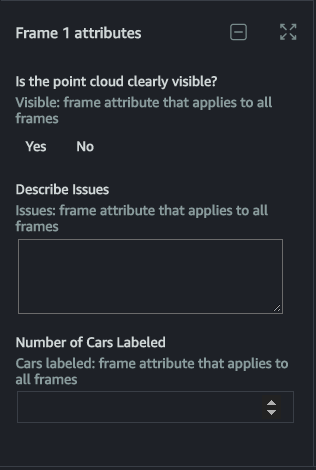 Interface showing frame attribute prompts for labeling point clouds and cars. (AI generated)