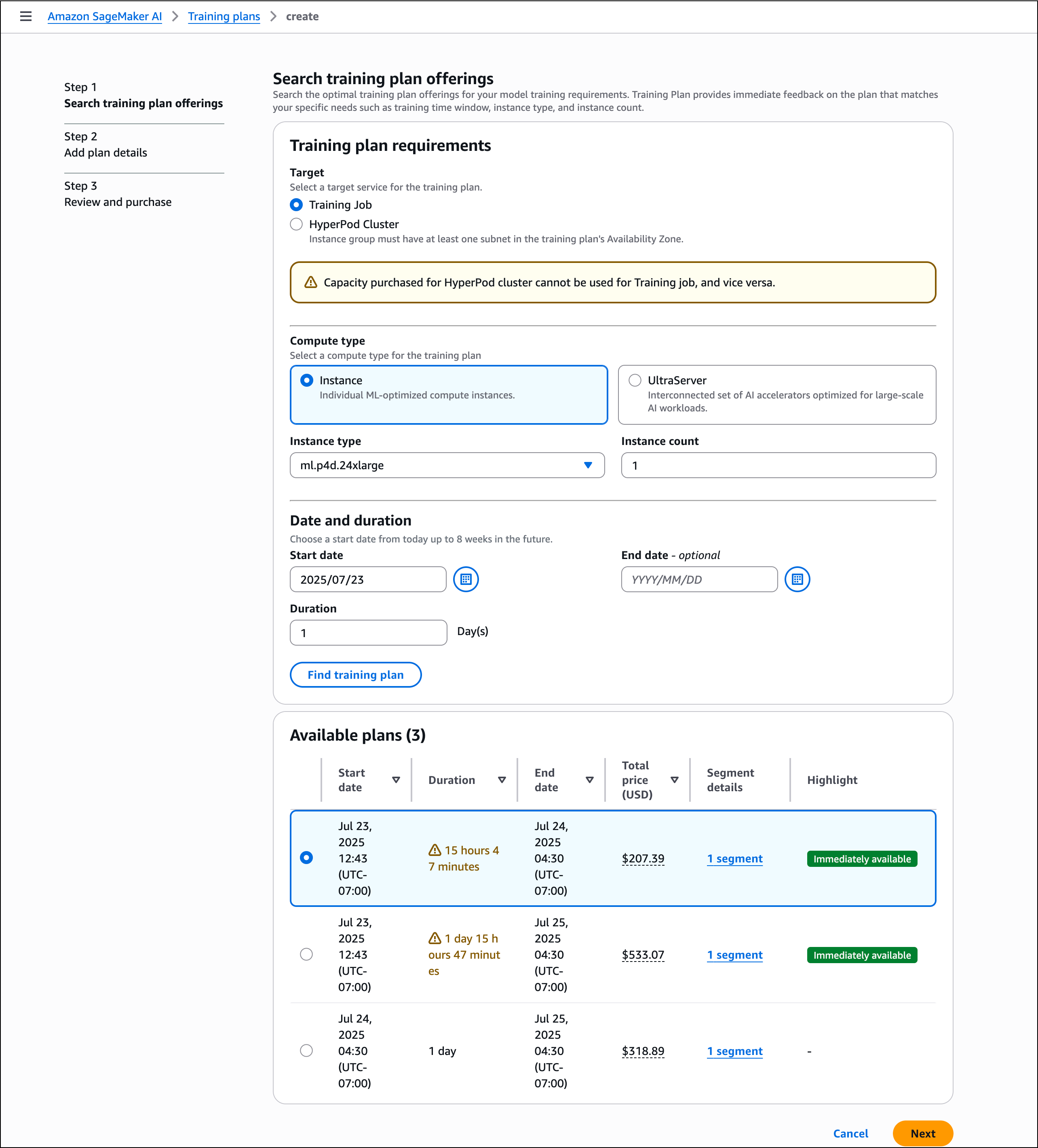 SageMaker AI 主控台顯示搜尋訓練計劃方案頁面,其中包含計劃需求的輸入欄位,而可用計劃區段顯示三個已找到計劃的詳細資訊,其持續時間、價格和可用性狀態各不相同。
