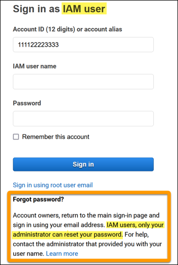 AWS Management Console 顯示 IAM 使用者忘記密碼連結。