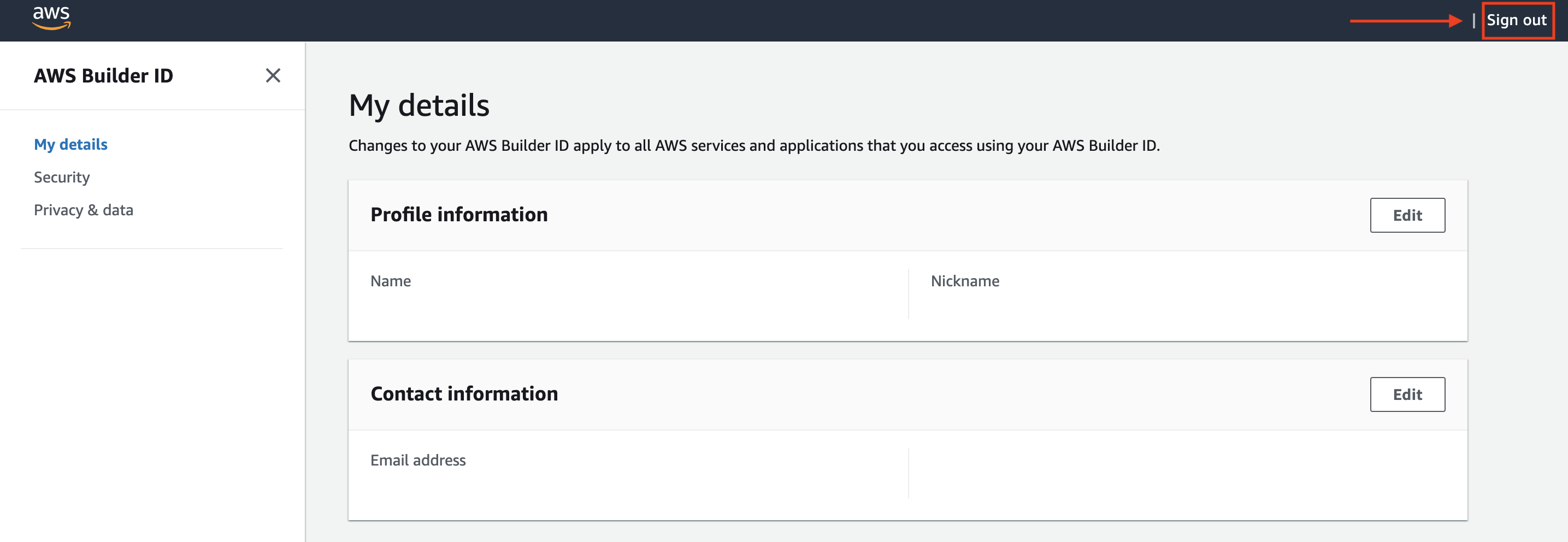 AWS 組建器 ID 設定檔頁面，反白顯示右上角的登出。