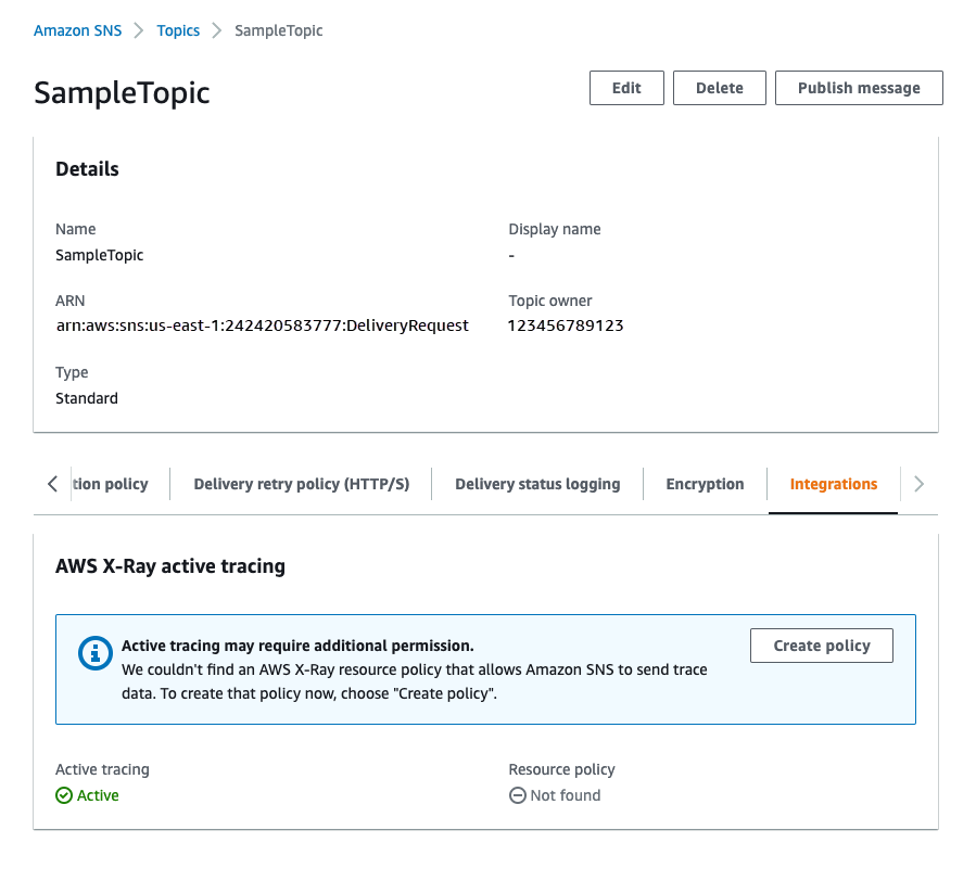 螢幕擷取畫面顯示 中名為「SampleTopic」的 Amazon SNS 主題的詳細資訊 AWS Management Console。它表示已啟用此主題的 AWS X-Ray 主動追蹤，但缺少允許 Amazon SNS 傳送追蹤資料的資源政策。提供「建立政策」按鈕來解決此問題。