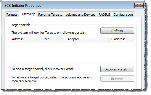 
						iSCSI 啟動器內容對話方塊顯示探查索引標籤和探索入口網站按鈕
					