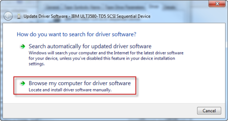 Windows 更新驅動程序軟件對話框，瀏覽我的計算機以突出顯示驅動程序