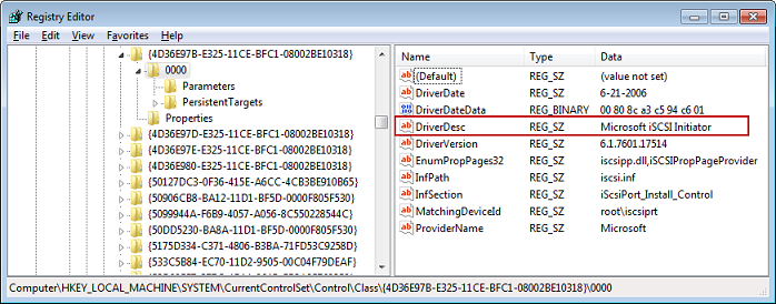 Windows 註冊表編輯器顯示驅動程序描述字符串與微軟 iSCSI 啟動器值。