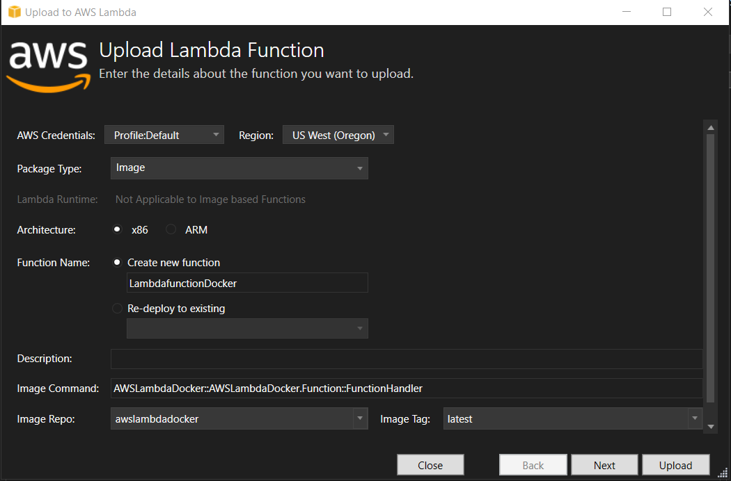 用於將影像型 Lambda 函數發佈到的上傳畫面 AWS