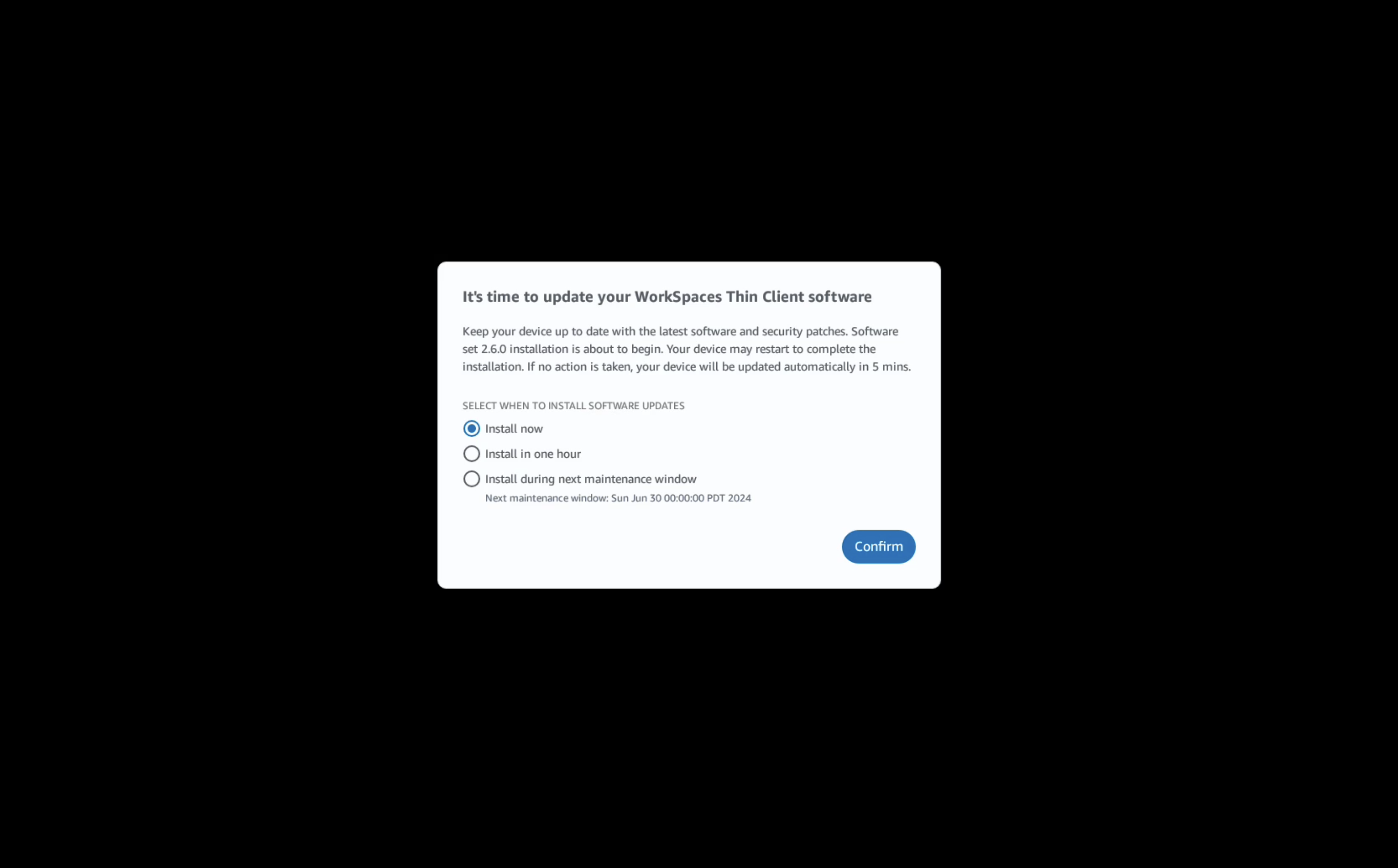 WorkSpaces Thin Client software update notification with installation options.